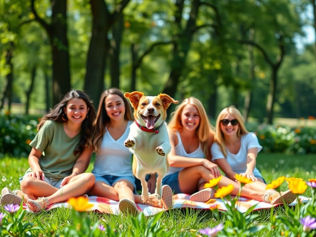 Friends' Picnic Interrupted by Playful Dog