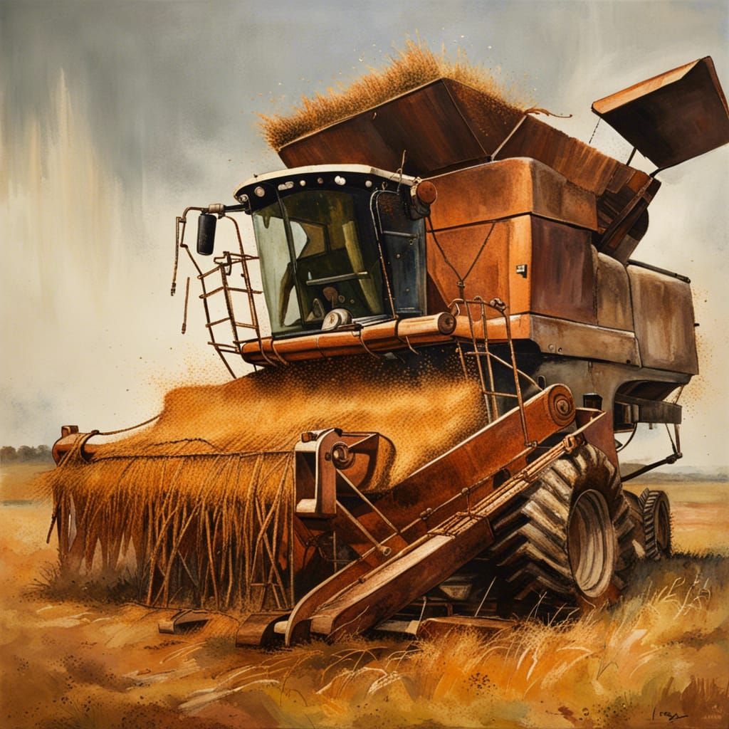 Combine Harvester Painting with Impasto Style