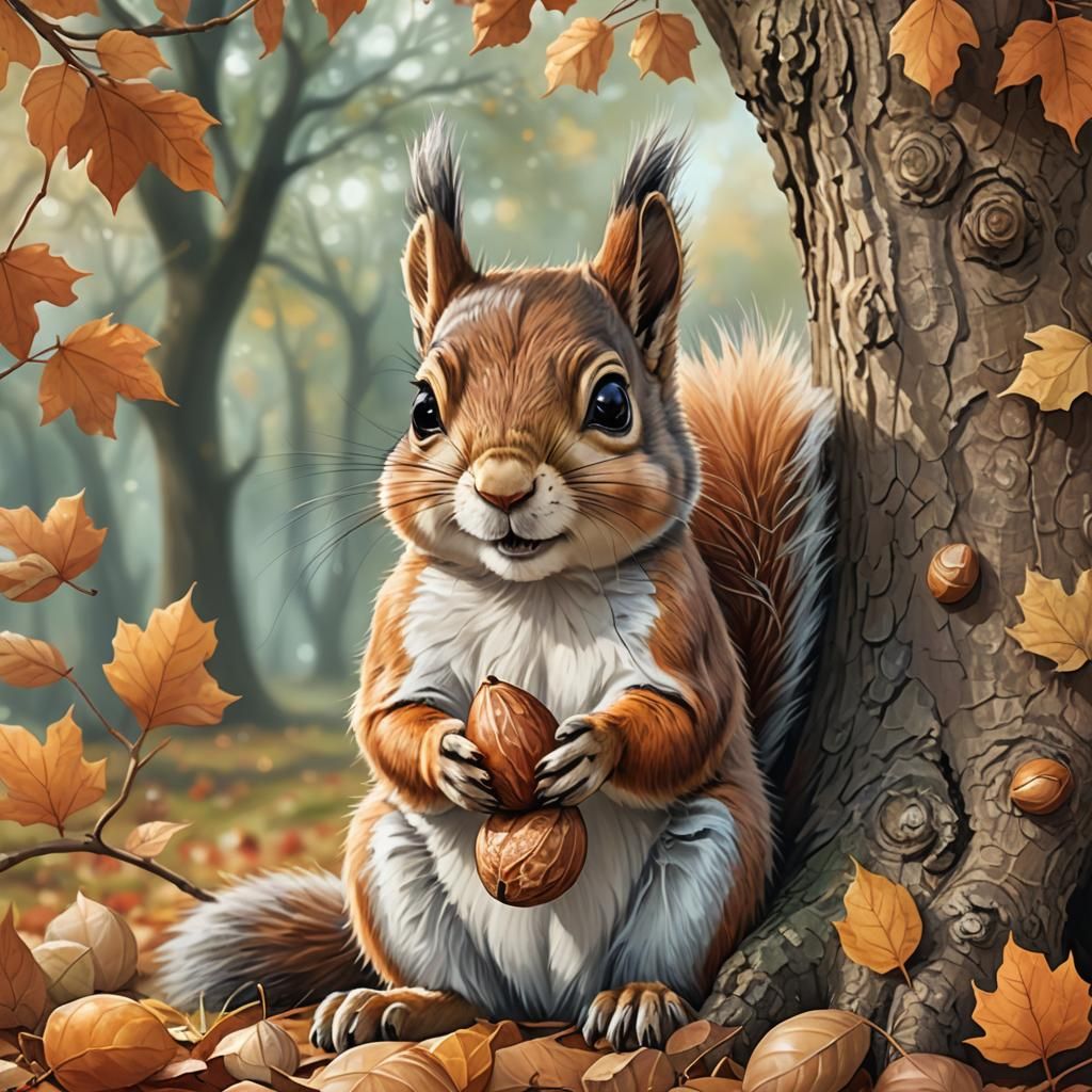 Cute Squirrel with Hazelnut in Autumn Illustration