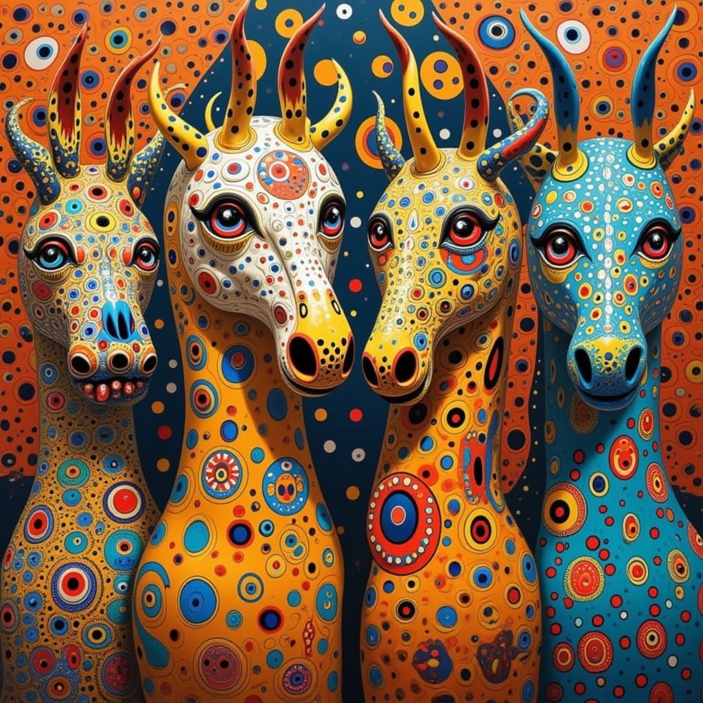 Four Folk Art Horses in Laurel Burch Style