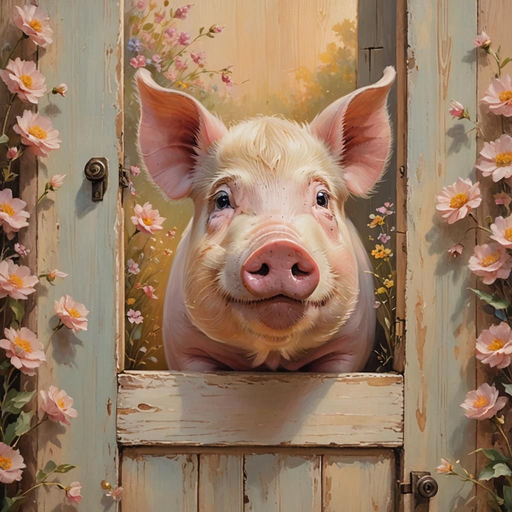 Piglet Peeking: A Whimsical Oil Painting with Florals