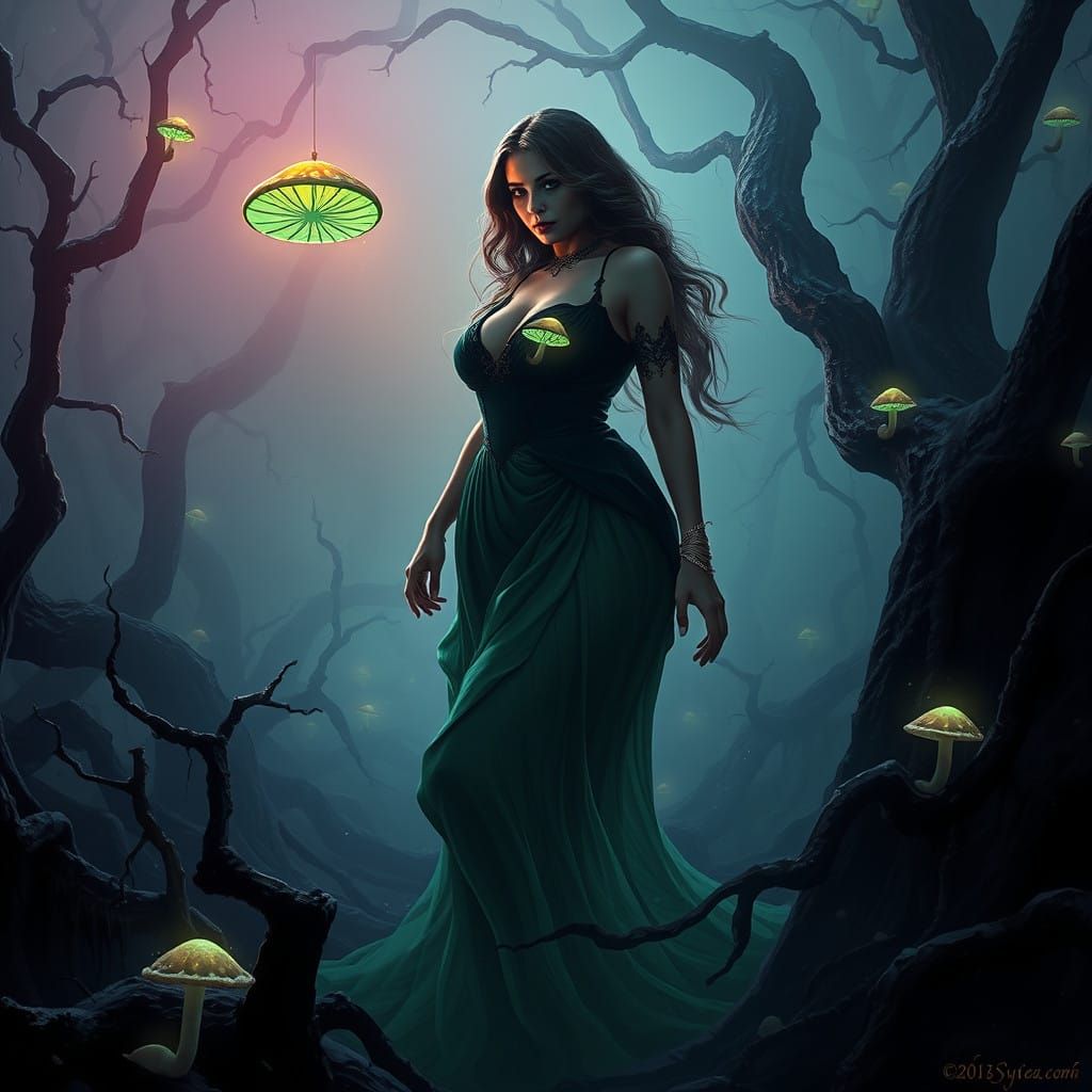 Dark Fantasy Sorceress Rises from the Swamp Fog