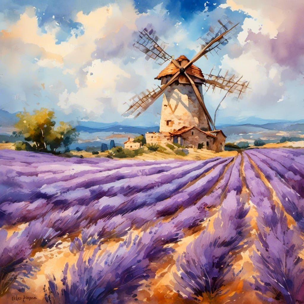 Lavender Fields and Windmill in Gouache Watercolor