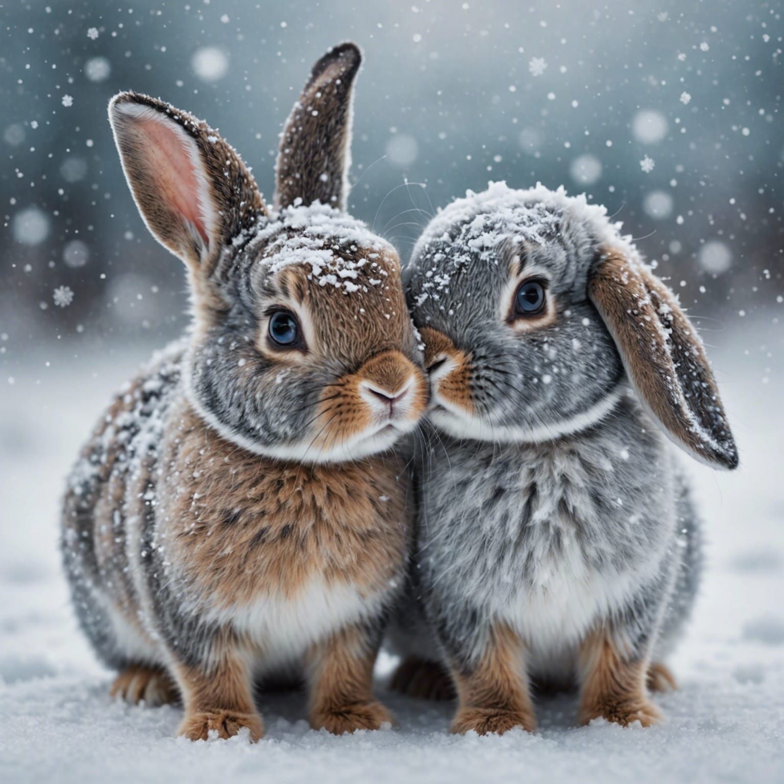 Adorable Bunnies Nuzzling in Gentle Snowfall