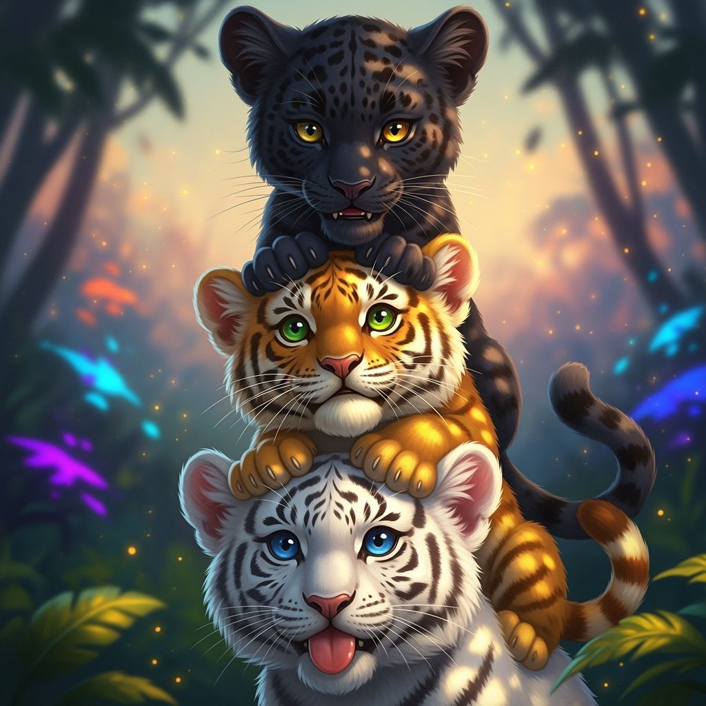 Stacked Feline Cubs in Painterly Surrealism