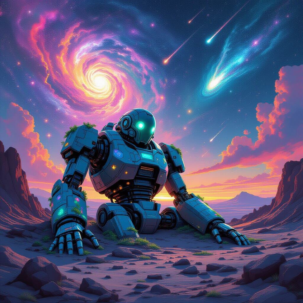 Bioluminescent Robot in Surreal Moebius Landscape