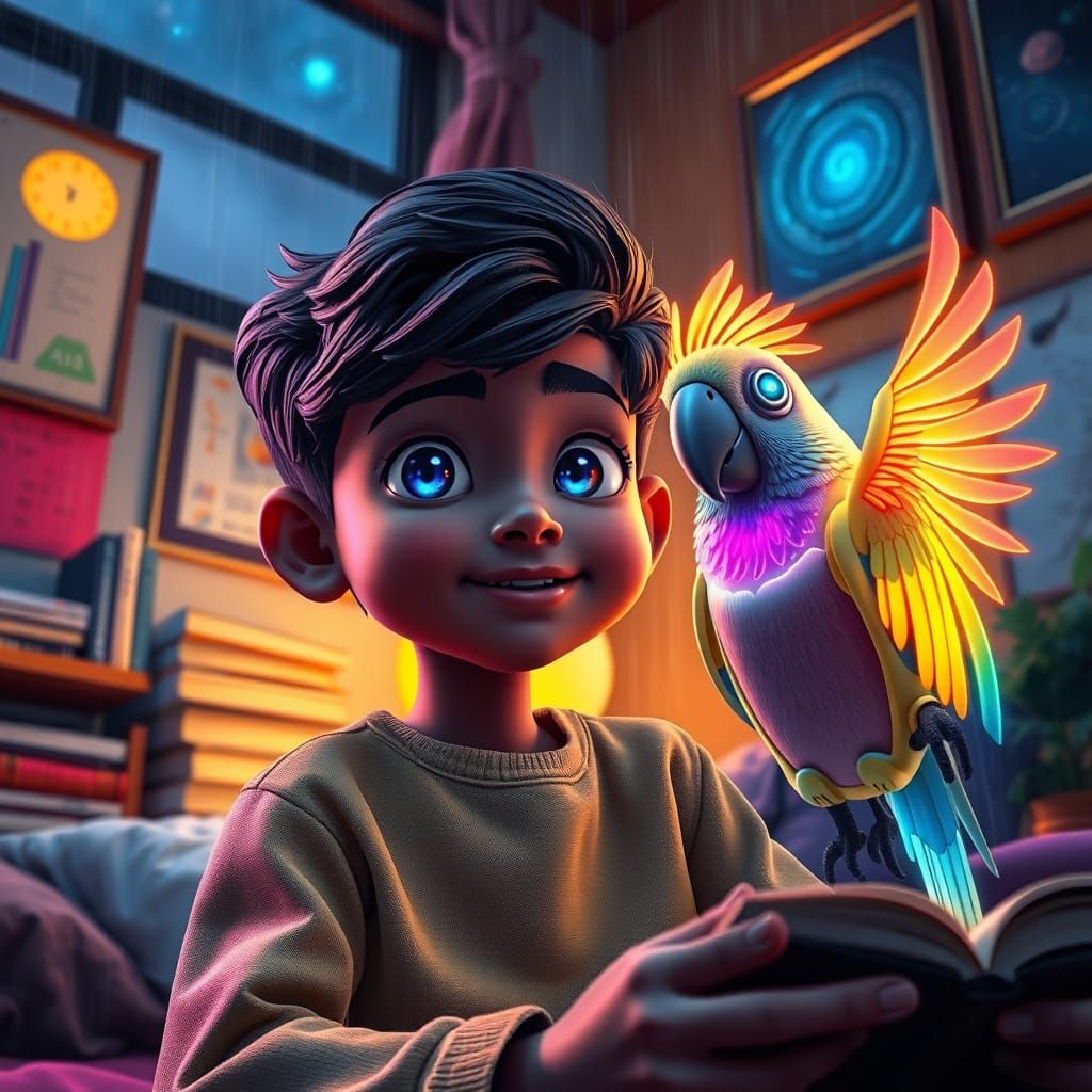 Cozy Study: Boy, Robot, and Storm in Pixar Style