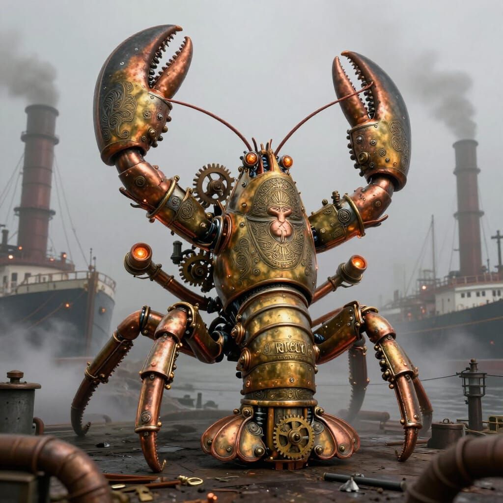 Colossal Steampunk Lobster in Industrial Harbor