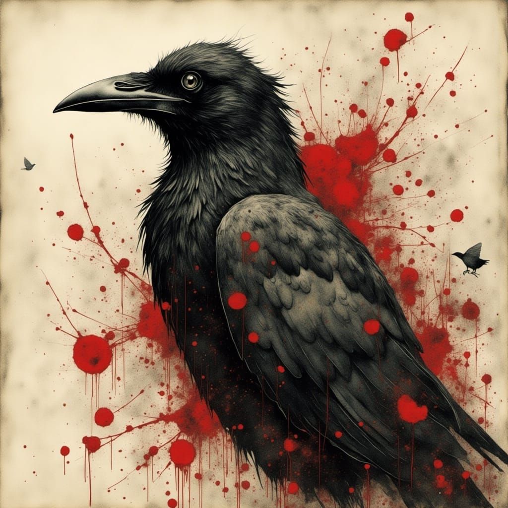 Red and White Raven in Dynamic Splash Art Style