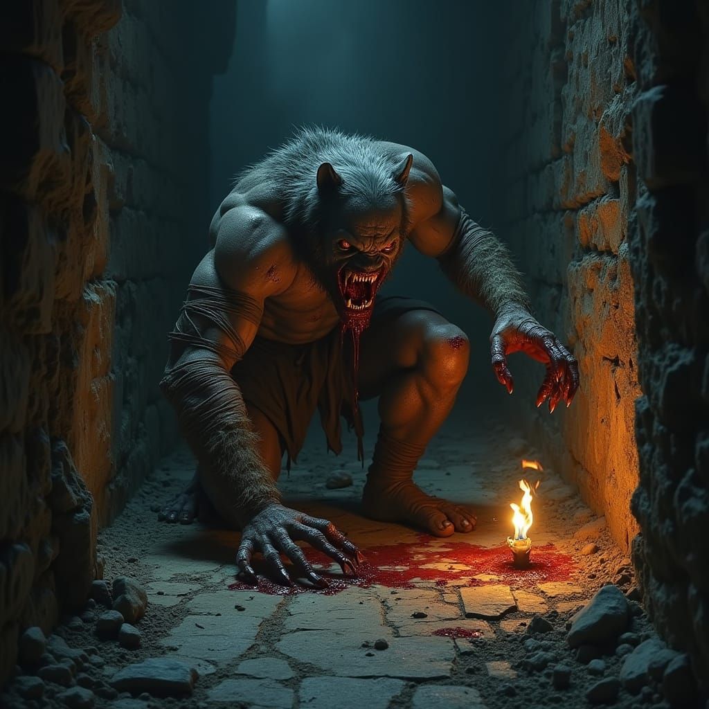 In a gothic horror setting, a tormented werewolf figure, hal...