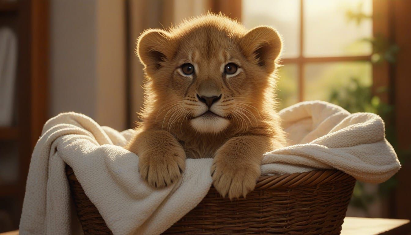 Lion Cub in Opulent Towel Basket