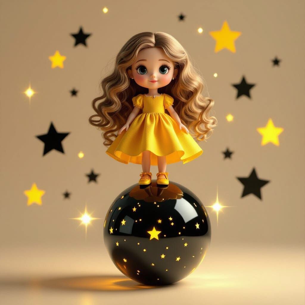 Doll on Transparent Ball with Shimmering Lights in 3D Style