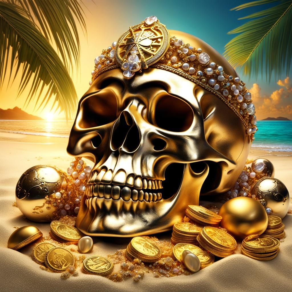 Skull and Pirate Treasure on Tropical Beach