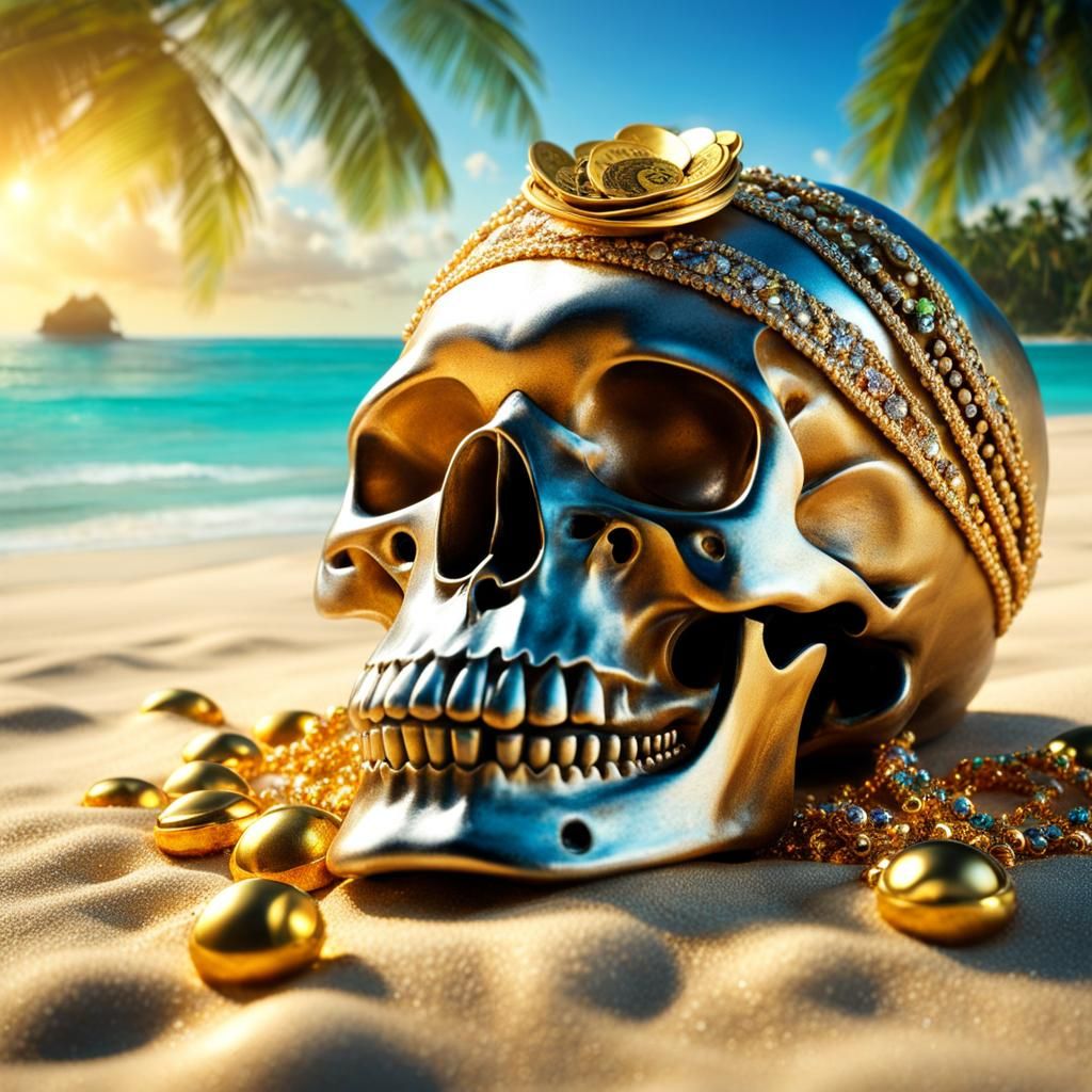 Golden Pirate Treasure on Tropical Beach