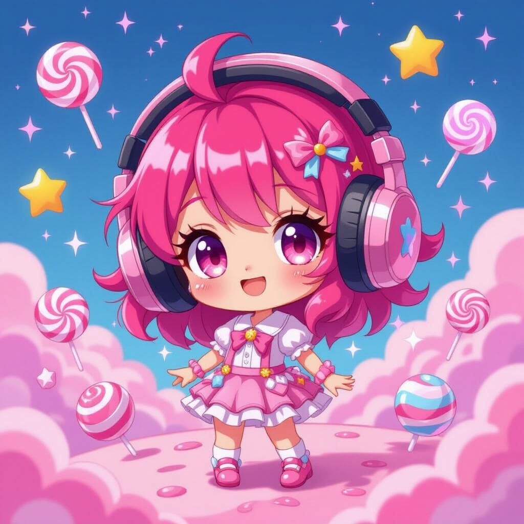 Chibi Demon in Bubblegum Dreamscape, Digital Art