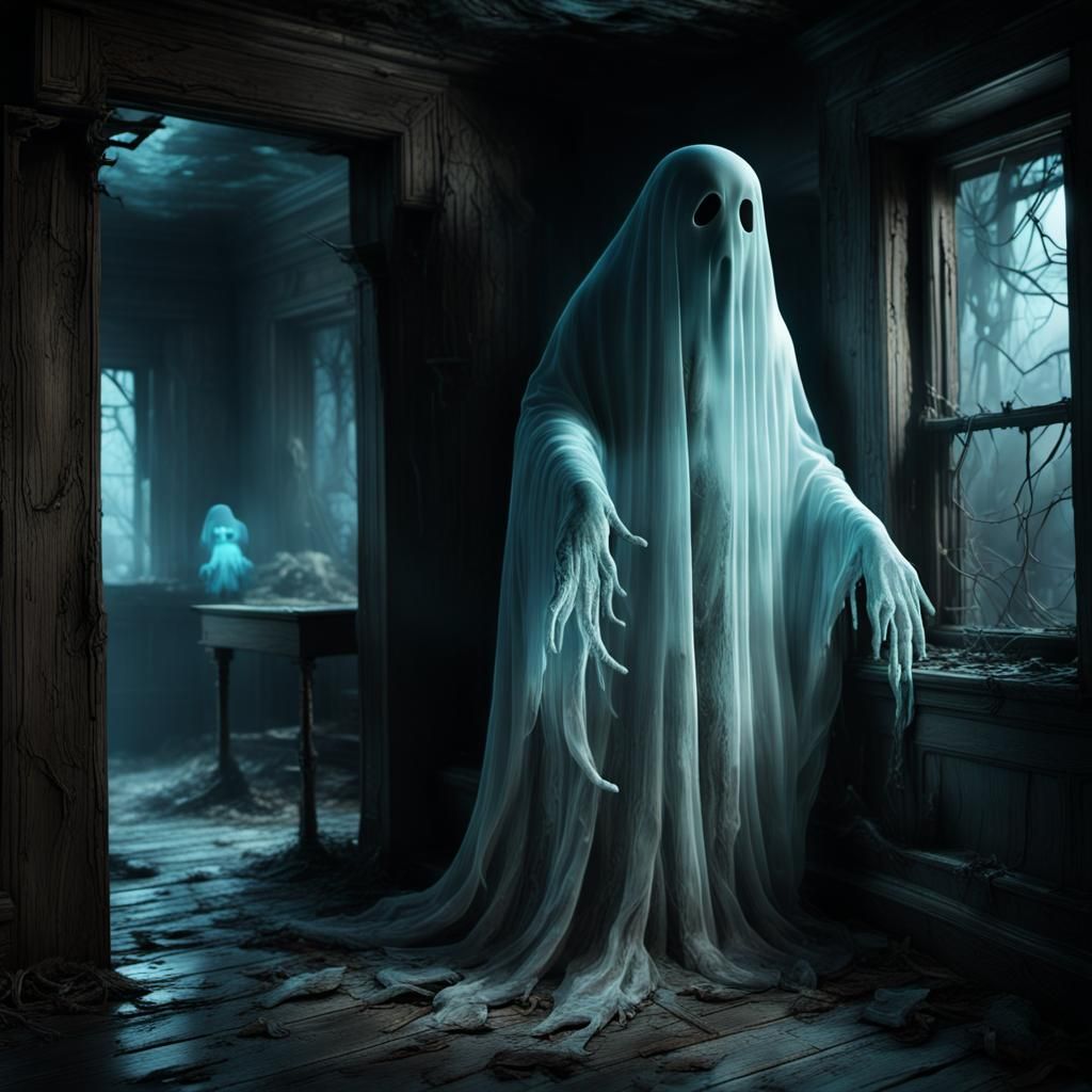 Translucent Ghost in Haunted House, Bioluminescent Digital A...