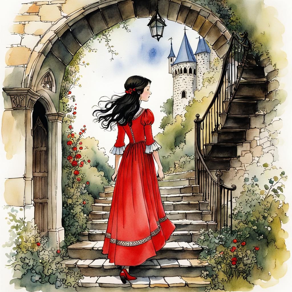 Medieval Maiden Ascends Stairs: Watercolor Storybook Illustr...