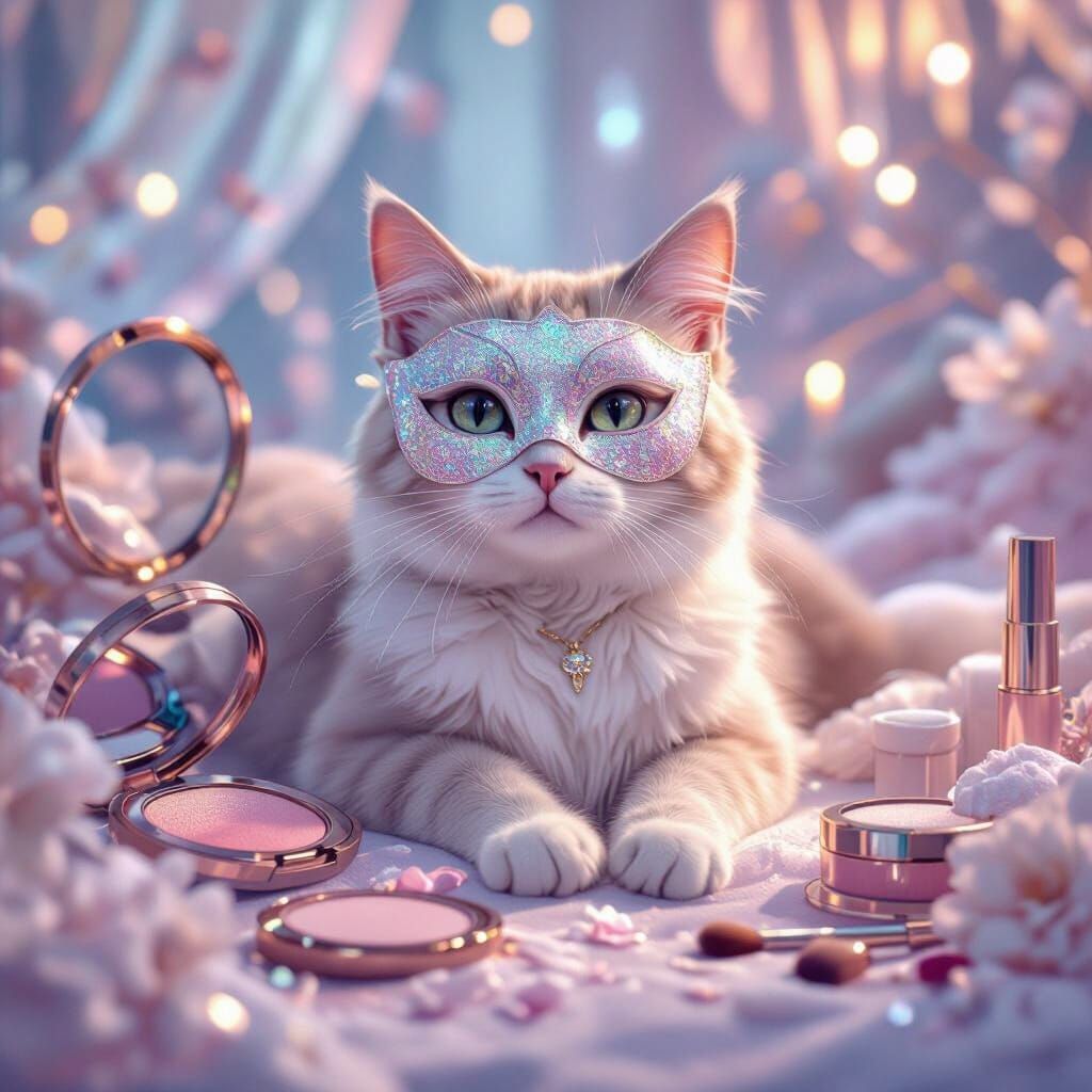 Cat in Mask Amidst Magical Cosmetics, 3D Anime Style
