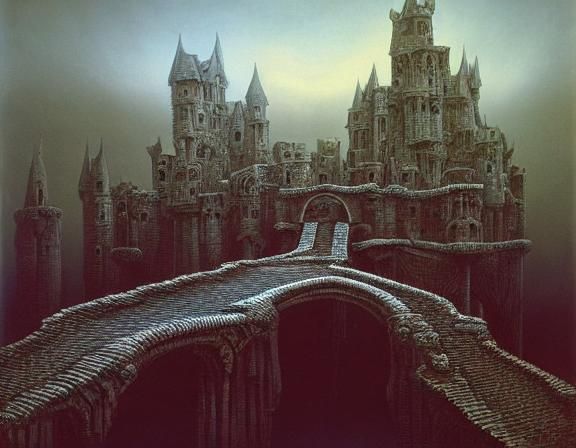 Surreal Castle with Drawbridges: A Dark Fantasy Painting
