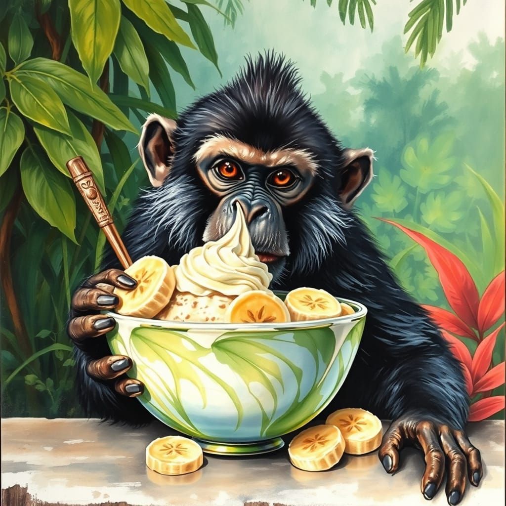 Monkey's Delight: Ice Cream in a Jungle, Gouache Style