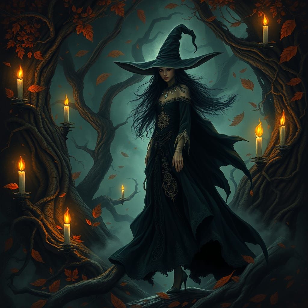Witch at Samhain in Mystical Autumnal Forest