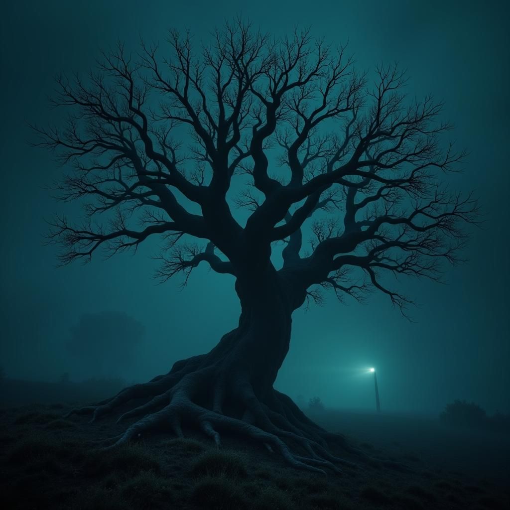 a withered old white yew tree in the pitch blackness of the ...