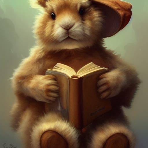 Cartoon Teddy Bear Reading, Watercolor Style