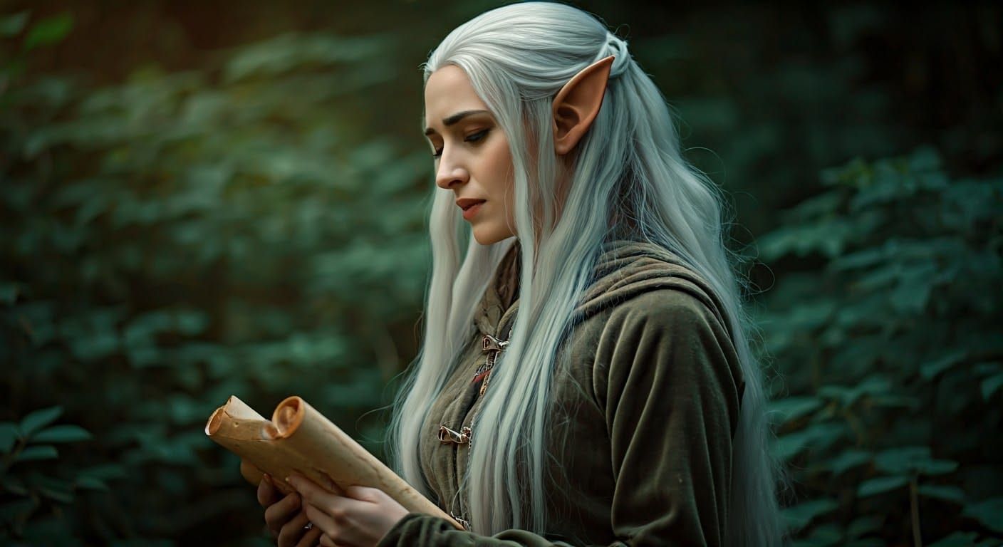 Ethereal Elf Reading Ancient Scroll in Mystical Forest
