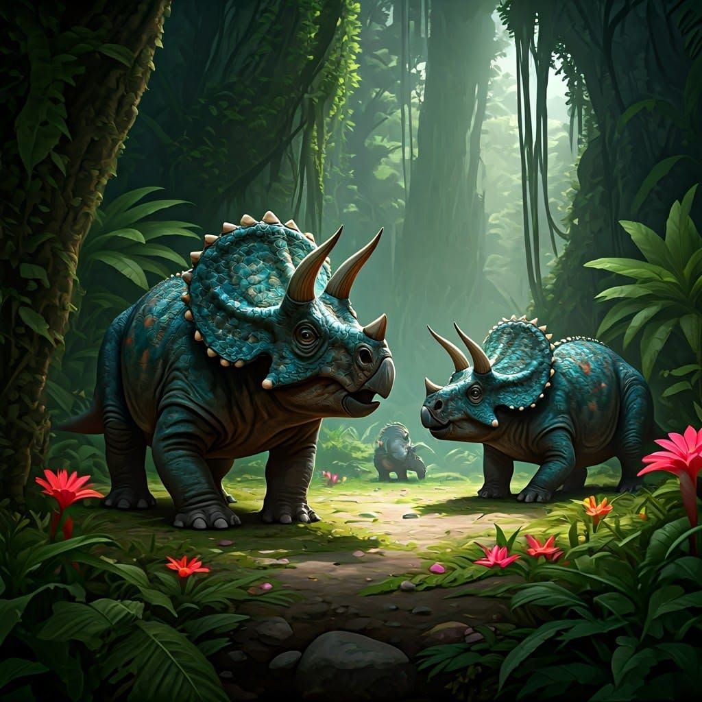 Vibrant Triceratops Family in a Tropical Prehistoric Paradis...