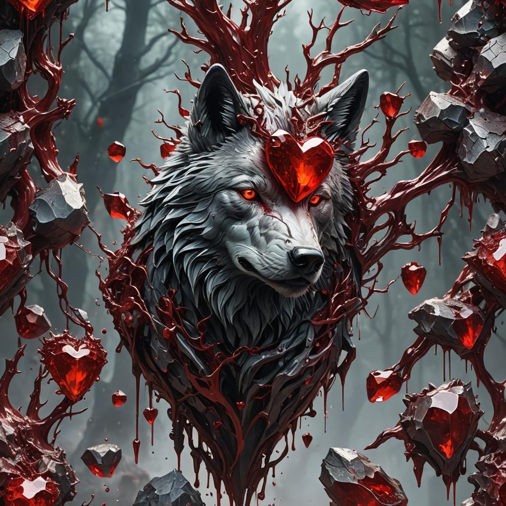 Dying Wolf with Crystal Heart, Matte Painting