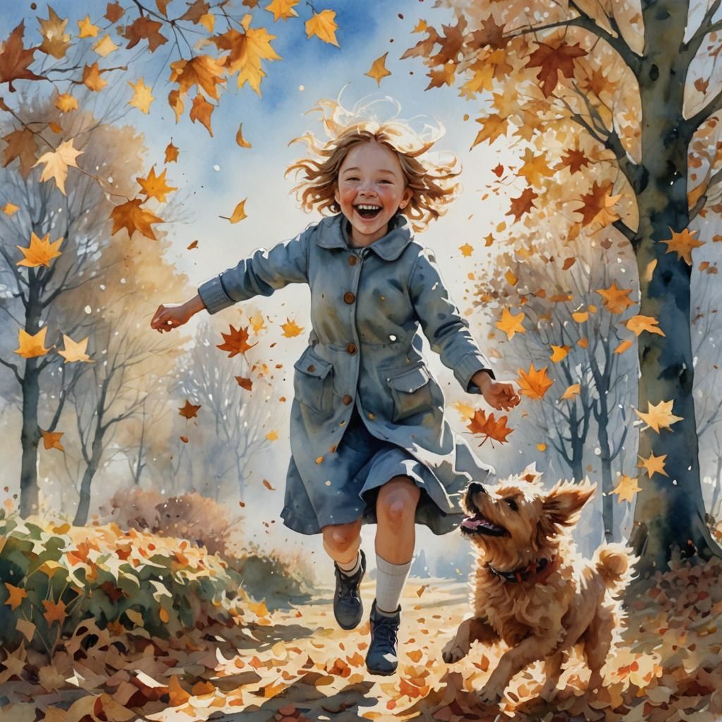 Girl and Dog Enjoying Autumn Leaves in Watercolor