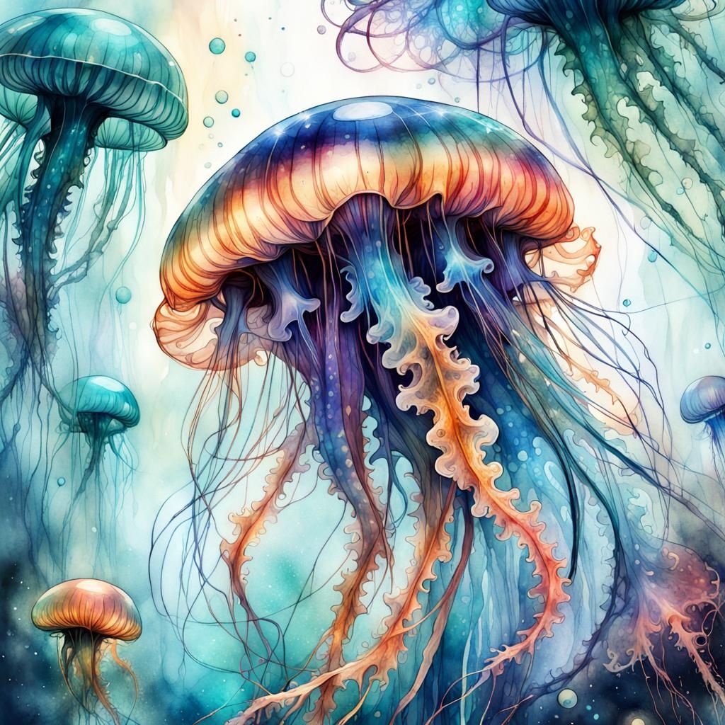 Bioluminescent Jellyfish in Watercolor Fairytale Style