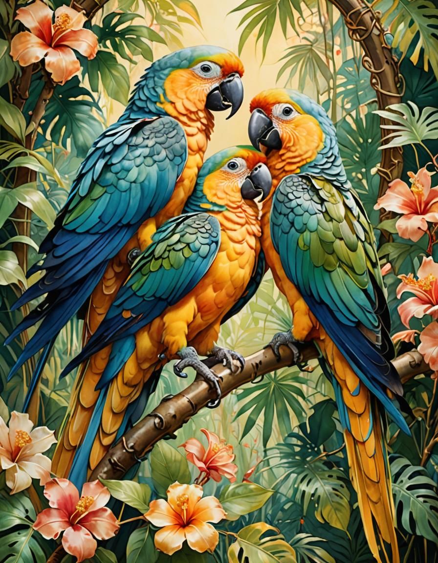 Parrots in Jungle, Art Nouveau Watercolor Painting