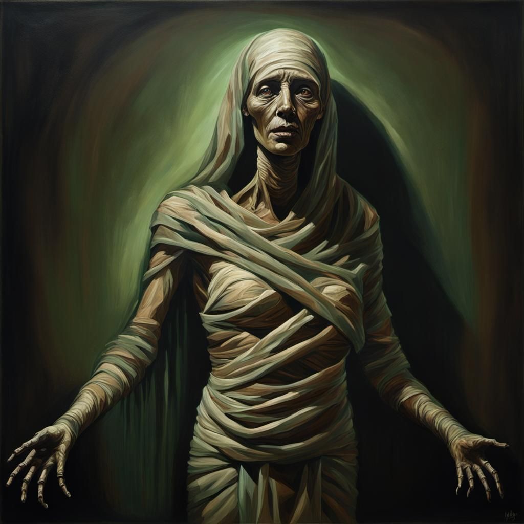 Haunting Mummy with Outstretched Arms in Hyperrealism