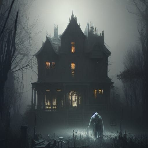 Haunted House and Ghost in Dark Fantasy Style