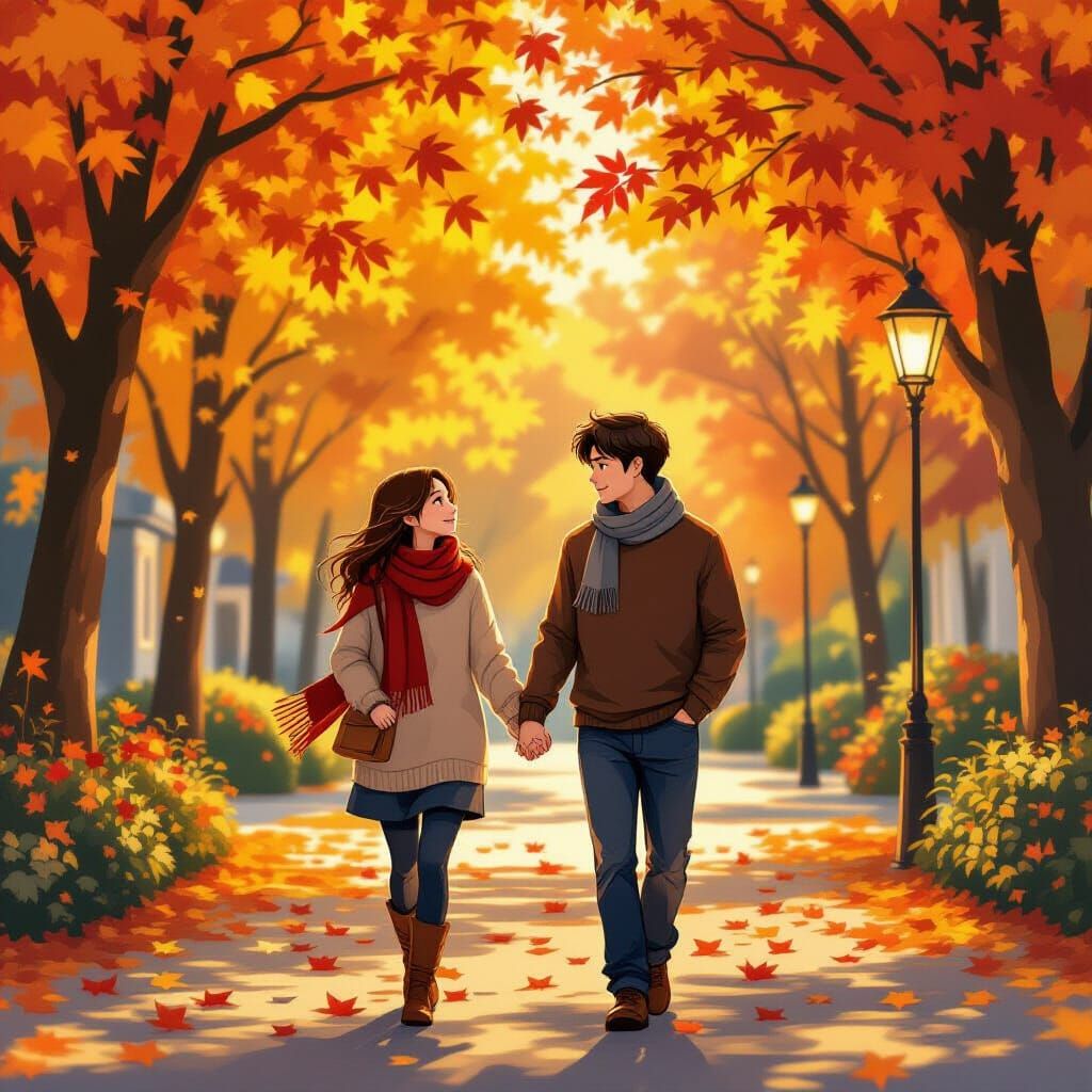 Romantic Autumn Stroll in Anime Style