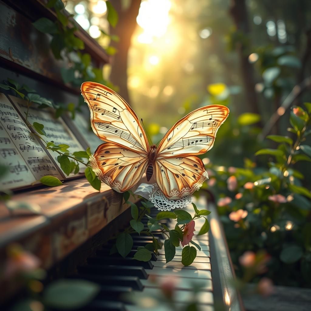 Butterfly with Music Sheet Wings on Piano
