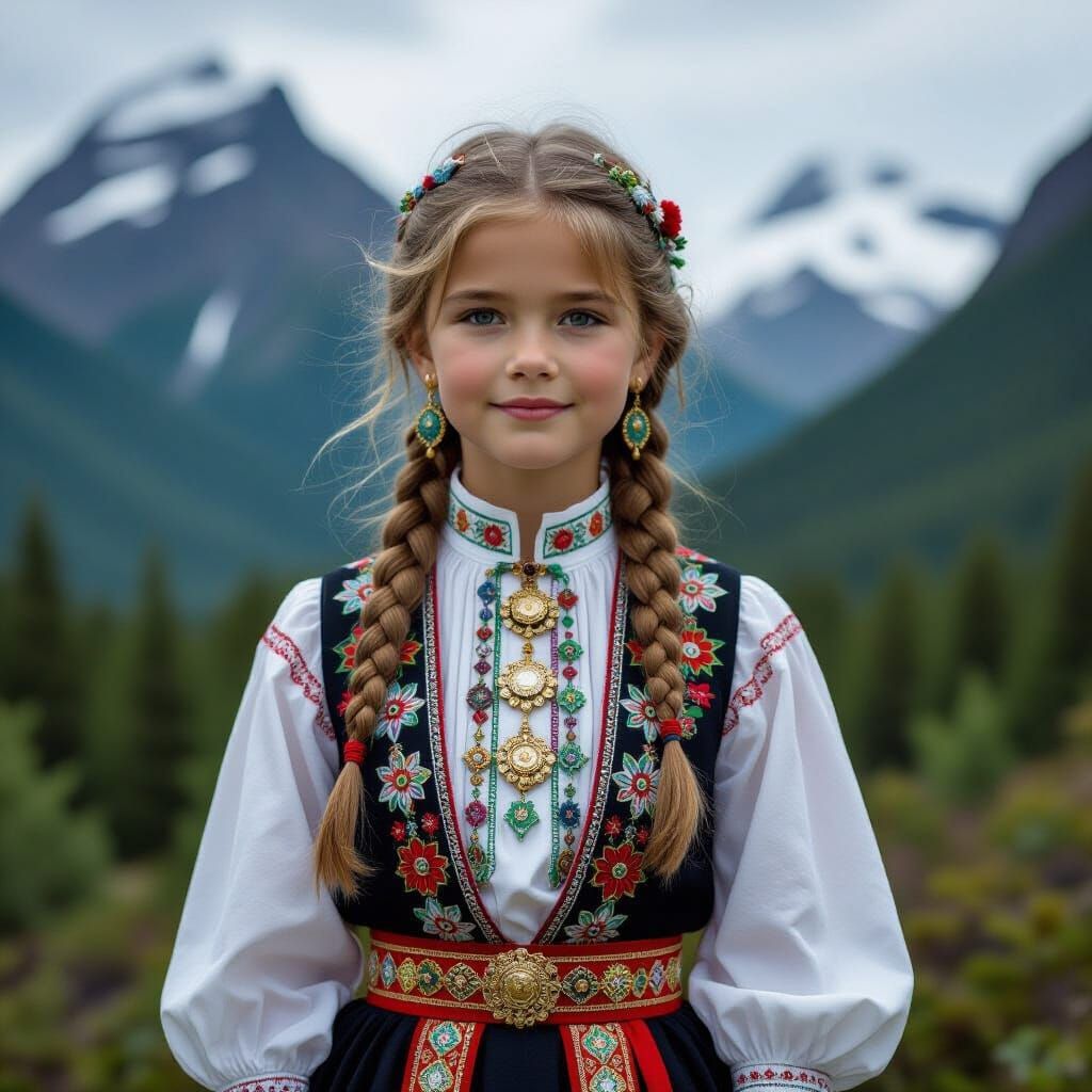 Girl in Traditional Dress in Mountain Landscape