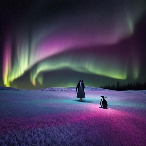 Pinguin im Polarlicht-Regenbogen: Ein Pinguin steht unter ei...