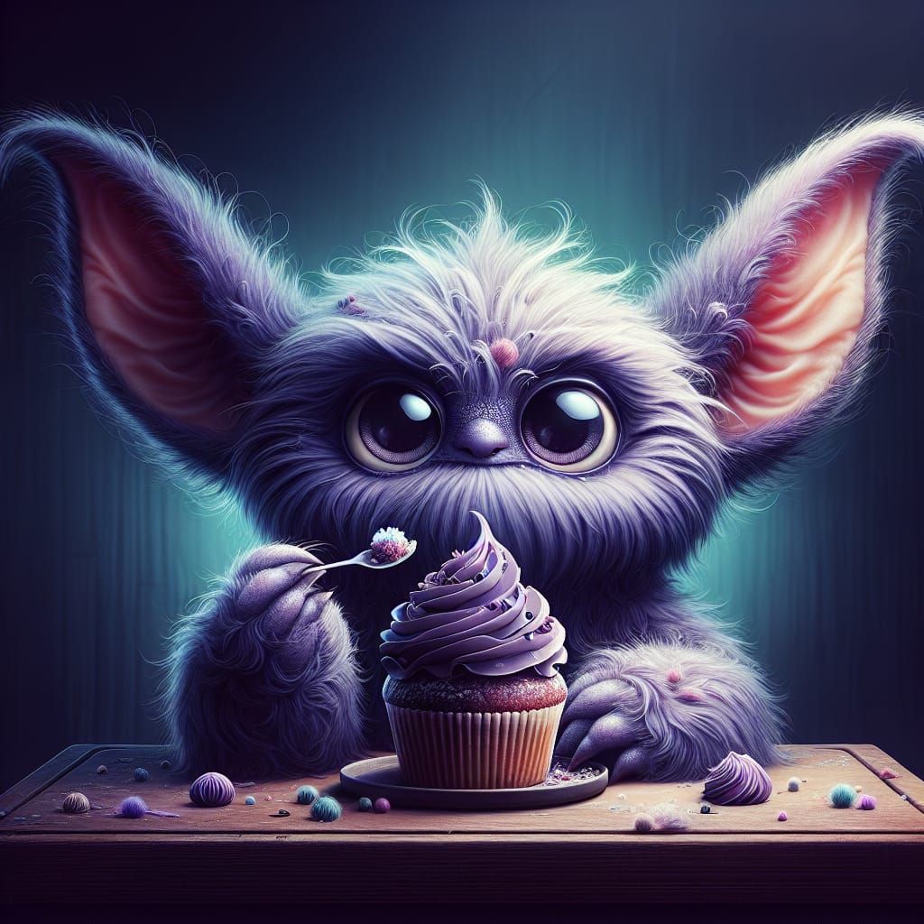 Whimsical Purple Creature with Cupcake: Dark Fantasy Concept...