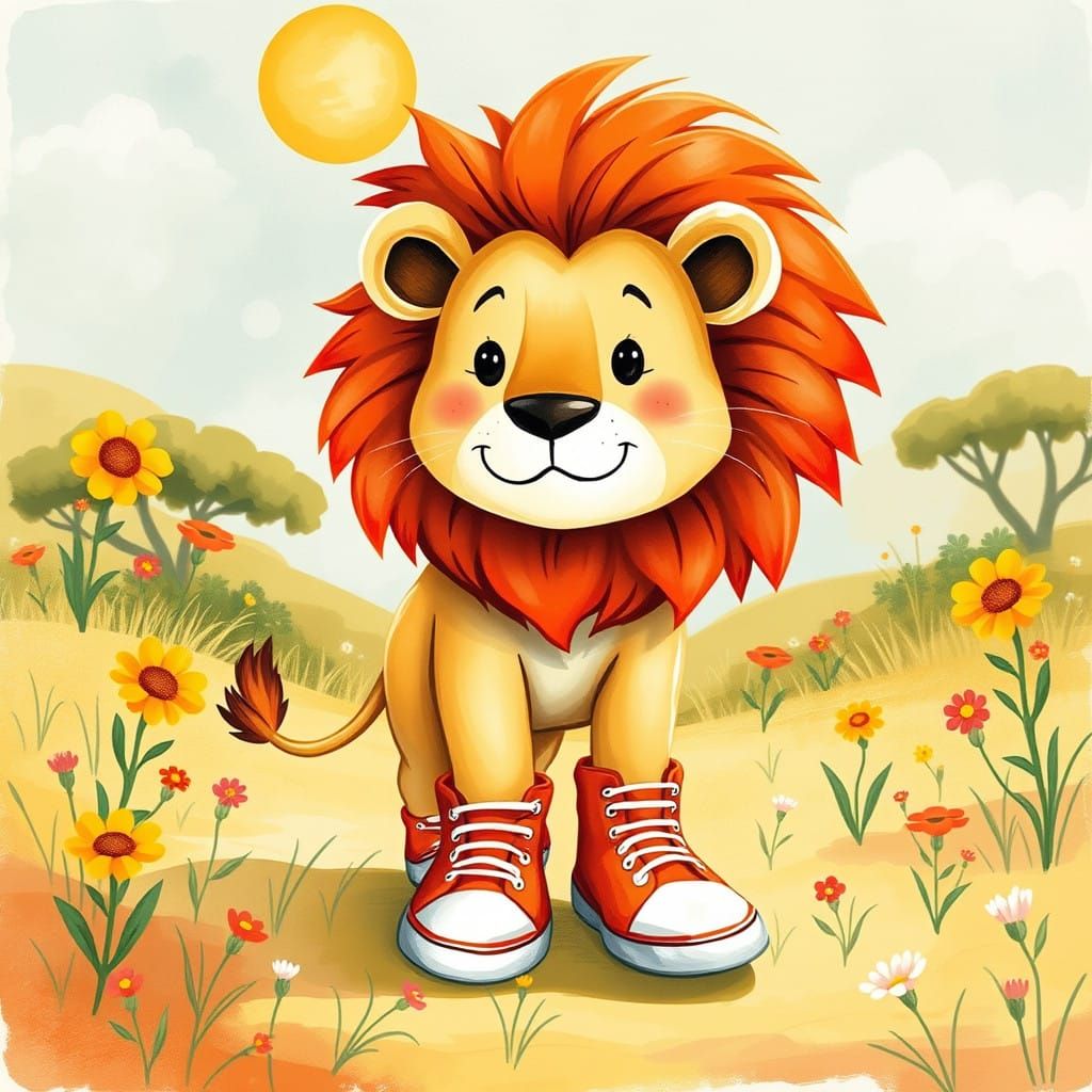 Whimsical Lion in a Vibrant Savanna Landscape, Storybook Art
