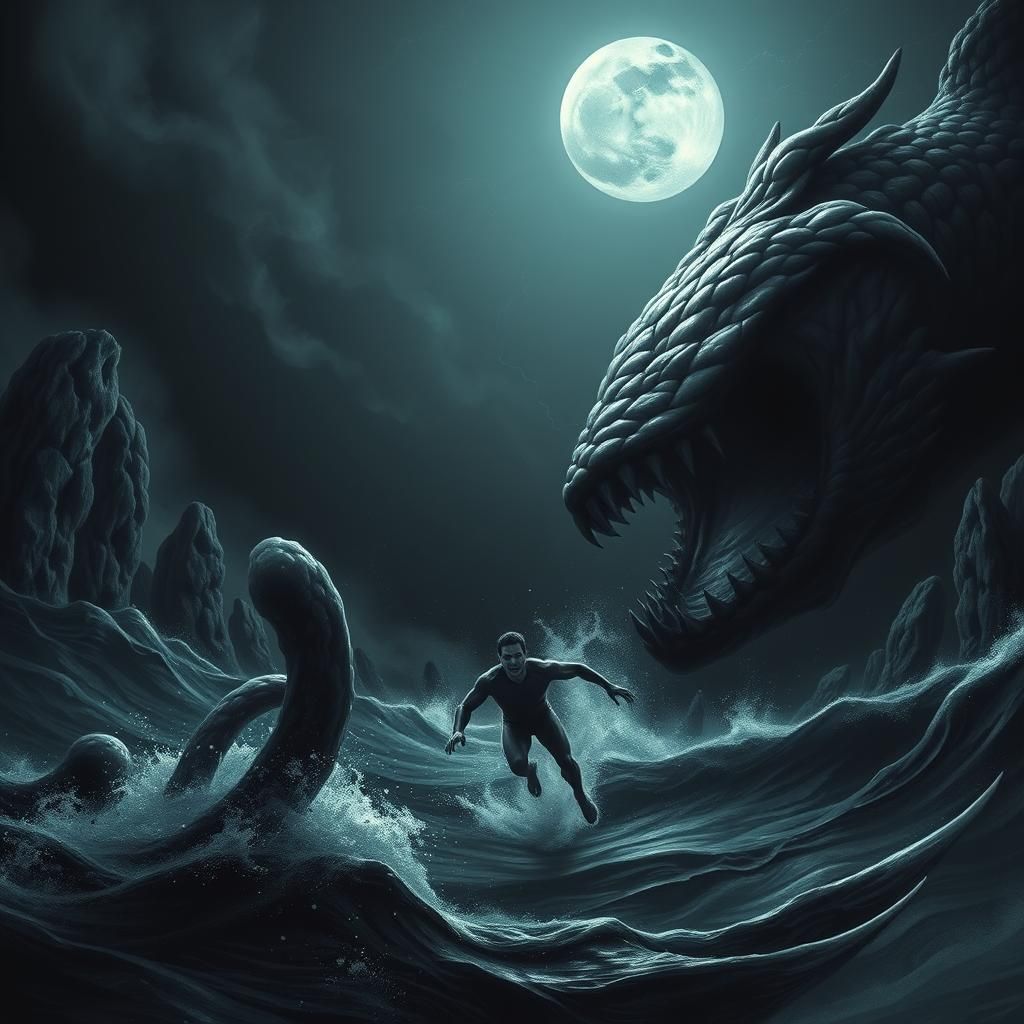 Terrified Swimmer Pursued by Eldritch Sea Monster
