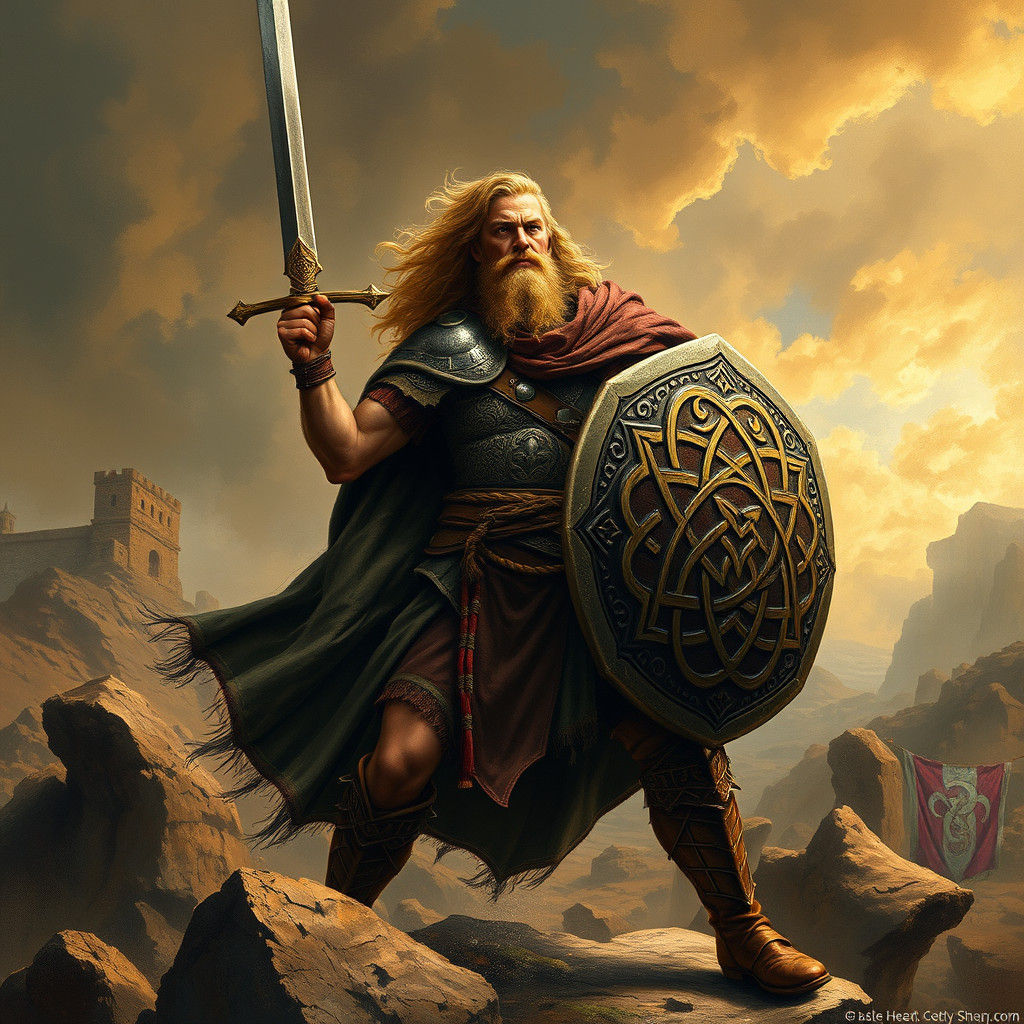Celtic Warrior King in Battle-Scarred Landscape