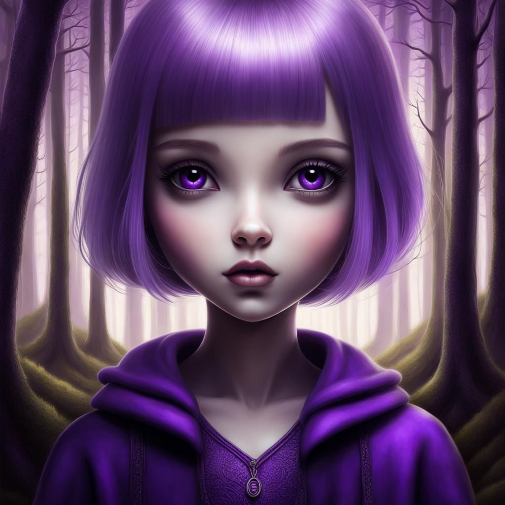 Chibi Girl Portrait in Purple Monochrome Digital Art
