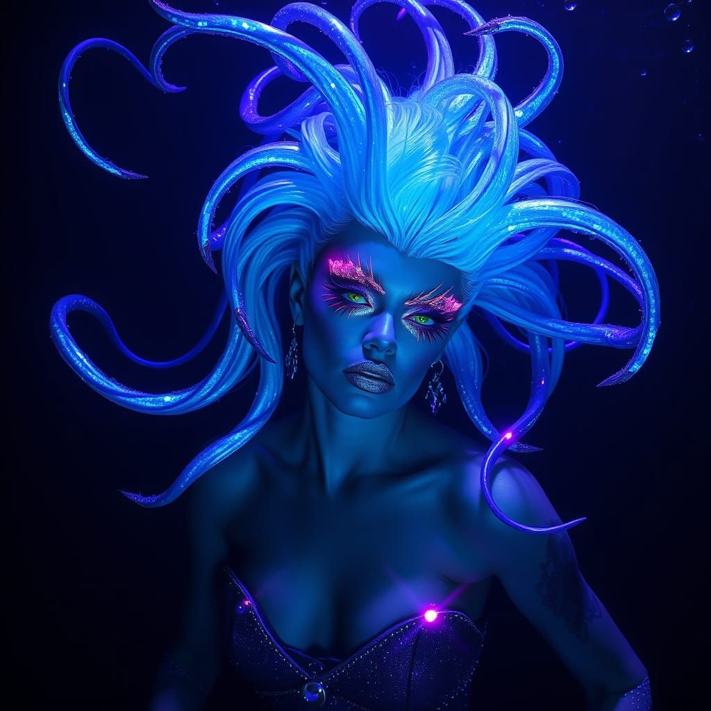 Glamorous Deep Sea Hybrid with Bioluminescent Tendrils in Ne...