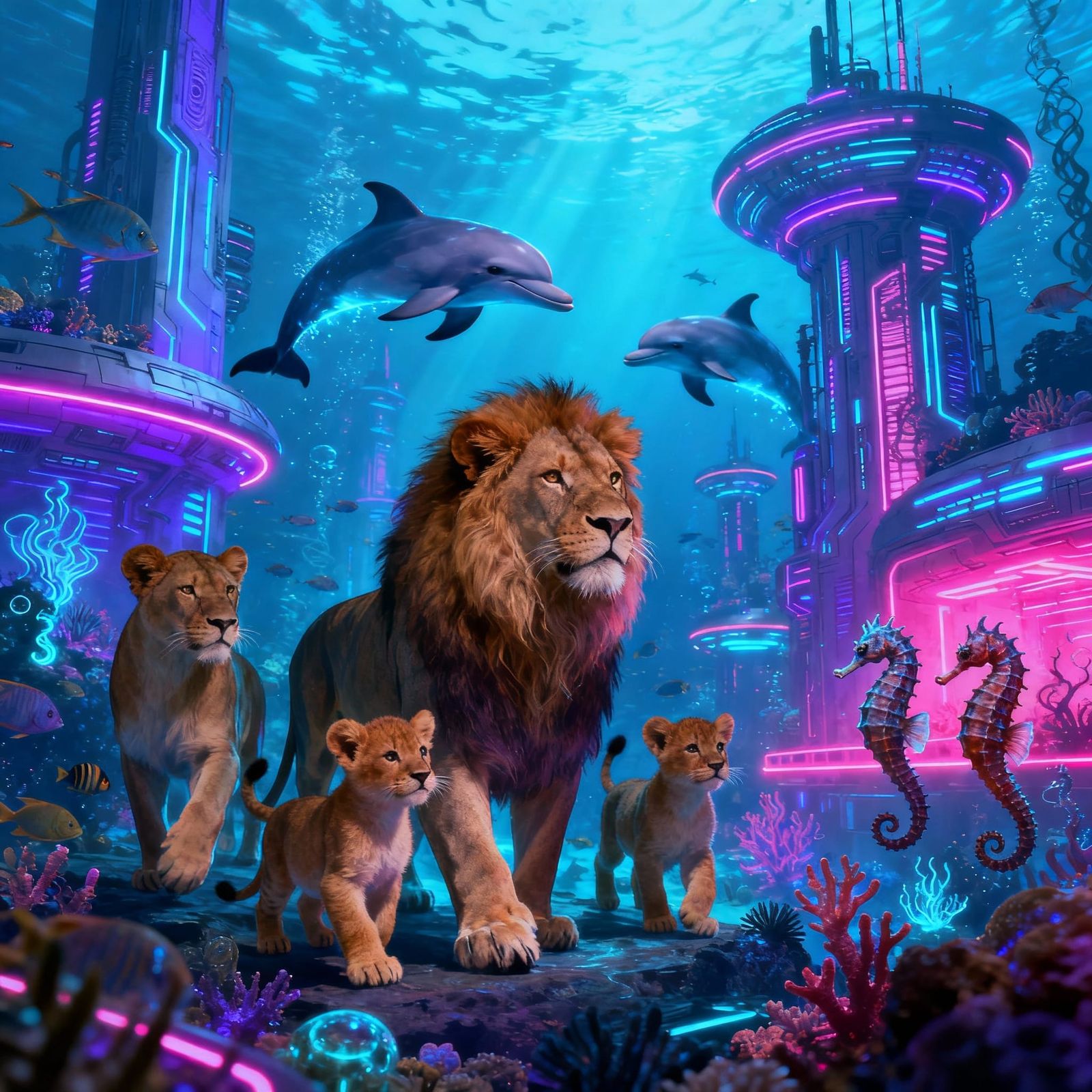 Lions, Dolphins, and Seahorses in Neon Underwater City