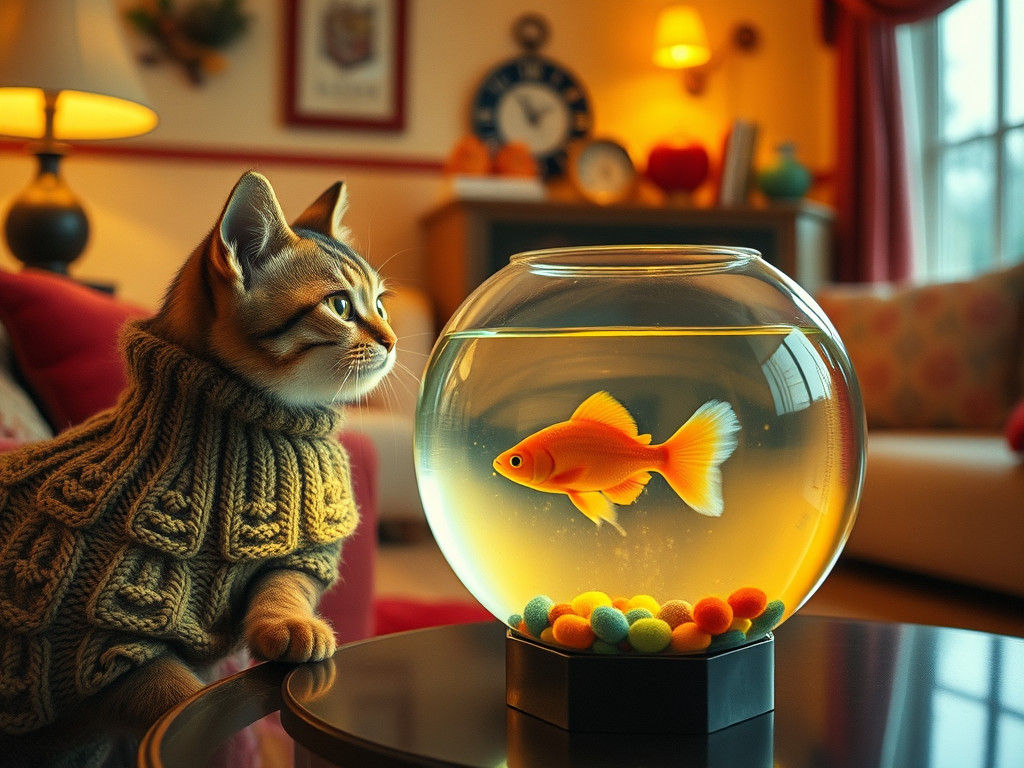 Cat Watches Fish in Bowl, Wes Anderson Style