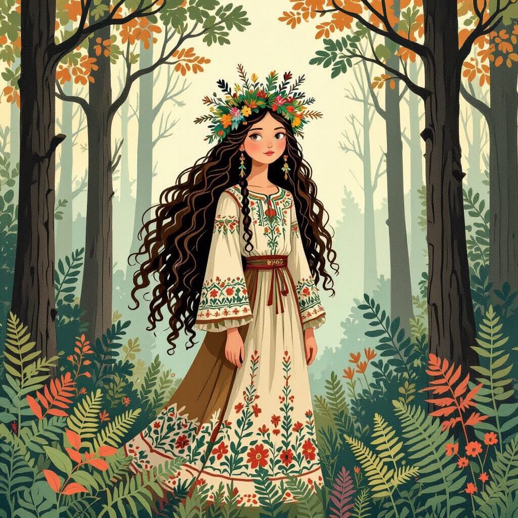 Mavka: Forest Girl in Slavic Myth, Flat Illustration