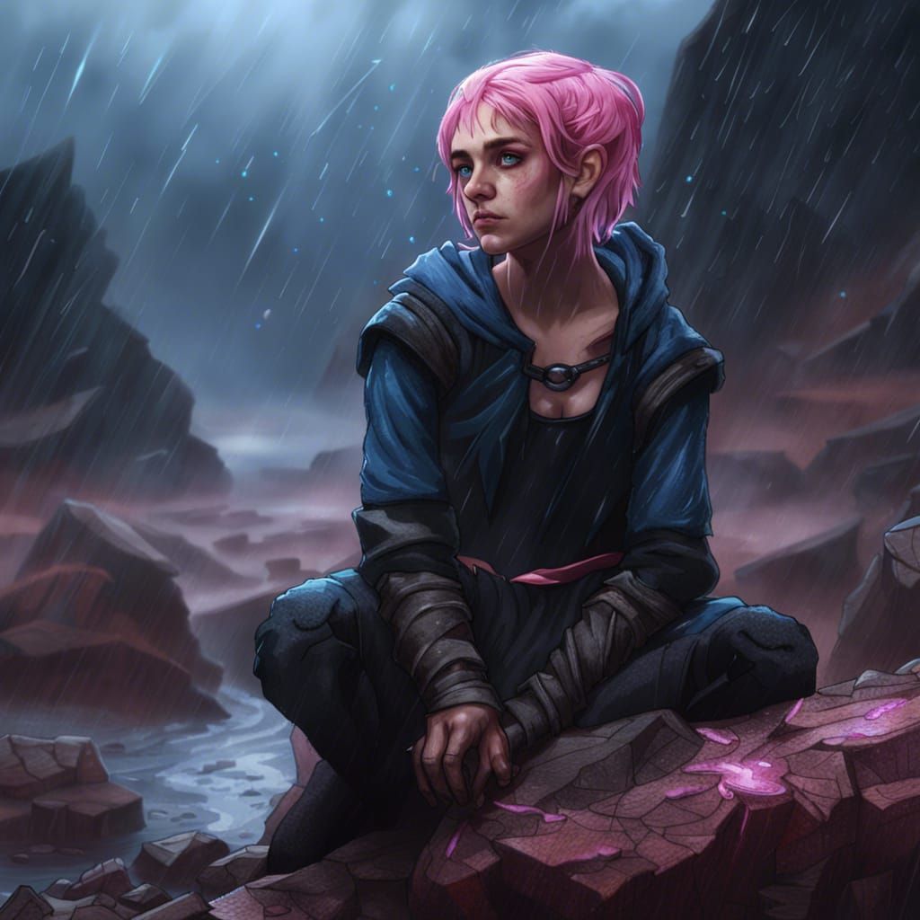 Pink-Haired Elf in Desolate Land: Dark Fantasy Art
