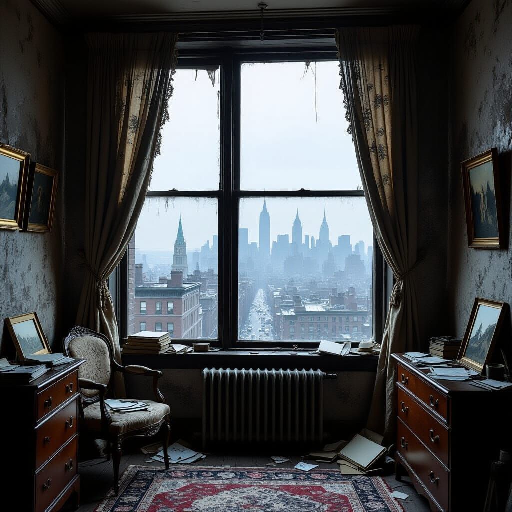NYC Apartment View, Circa 1890, in Somber Realism